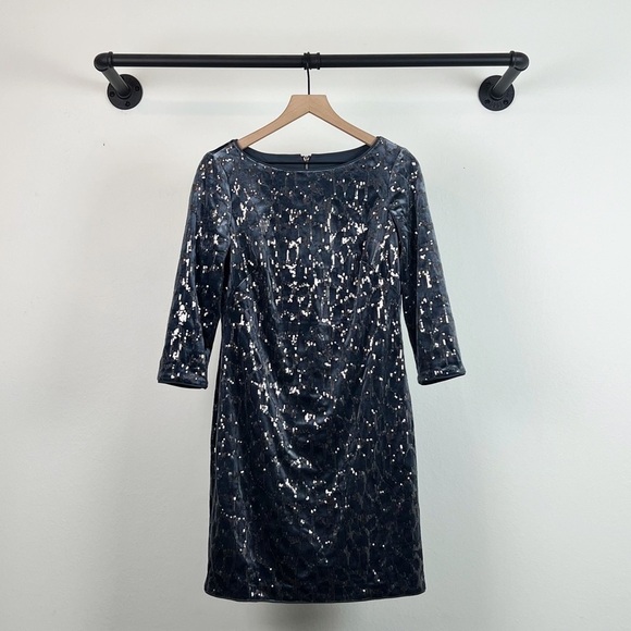 Eliza J Sequined Velvet 3/4 Sleeve Sheath Dress in Grey - Picture 4 of 7